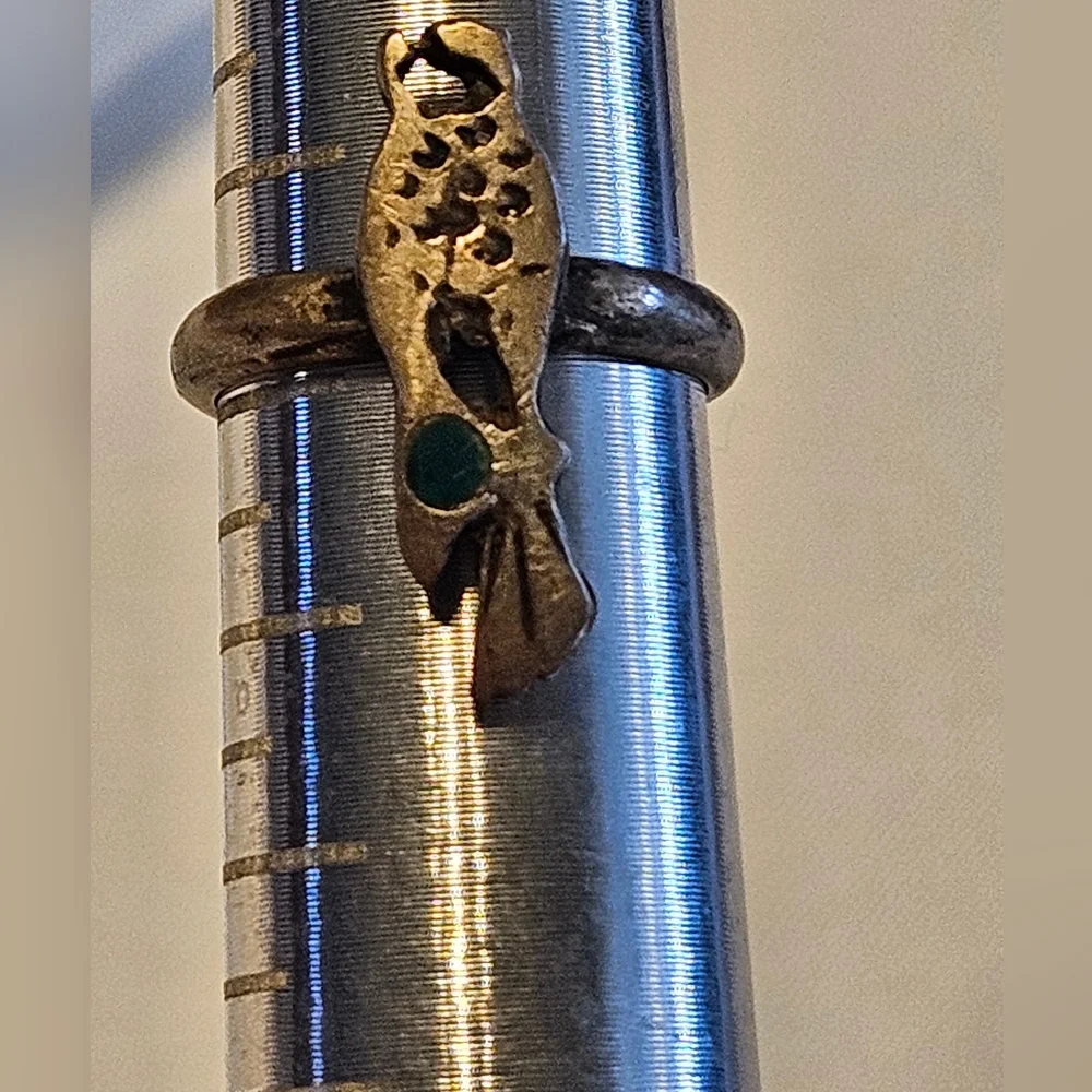 Vintage Navajo Southwest Turquoise Hand Cut Roadrunner Ring Size 5 1950-1960